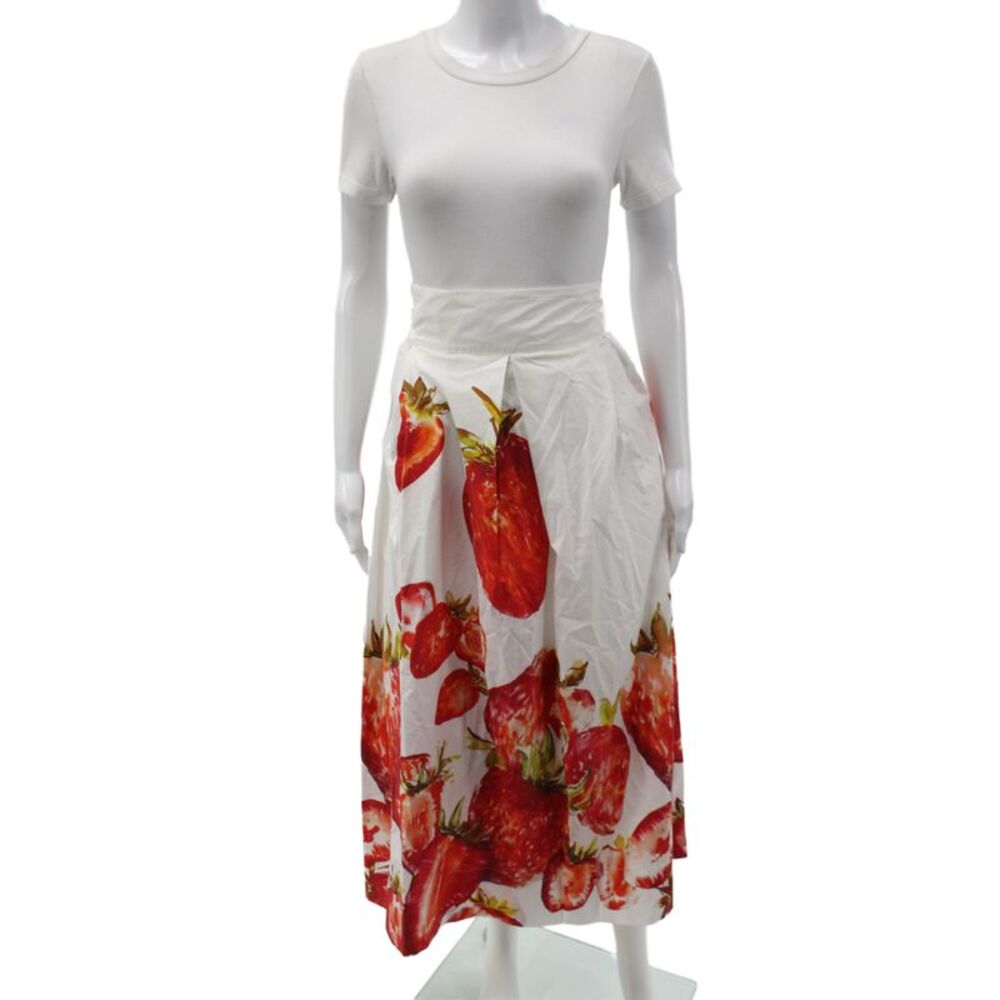 Sara Roka Women A-Line Long White Cotton Floral Strawberry Skirt Size 40